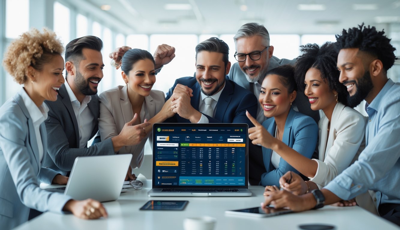 Sekelompok orang dewasa yang bahagia dan percaya diri sedang menggunakan laptop dan ponsel untuk taruhan olahraga di kantor yang terang dan bersih.