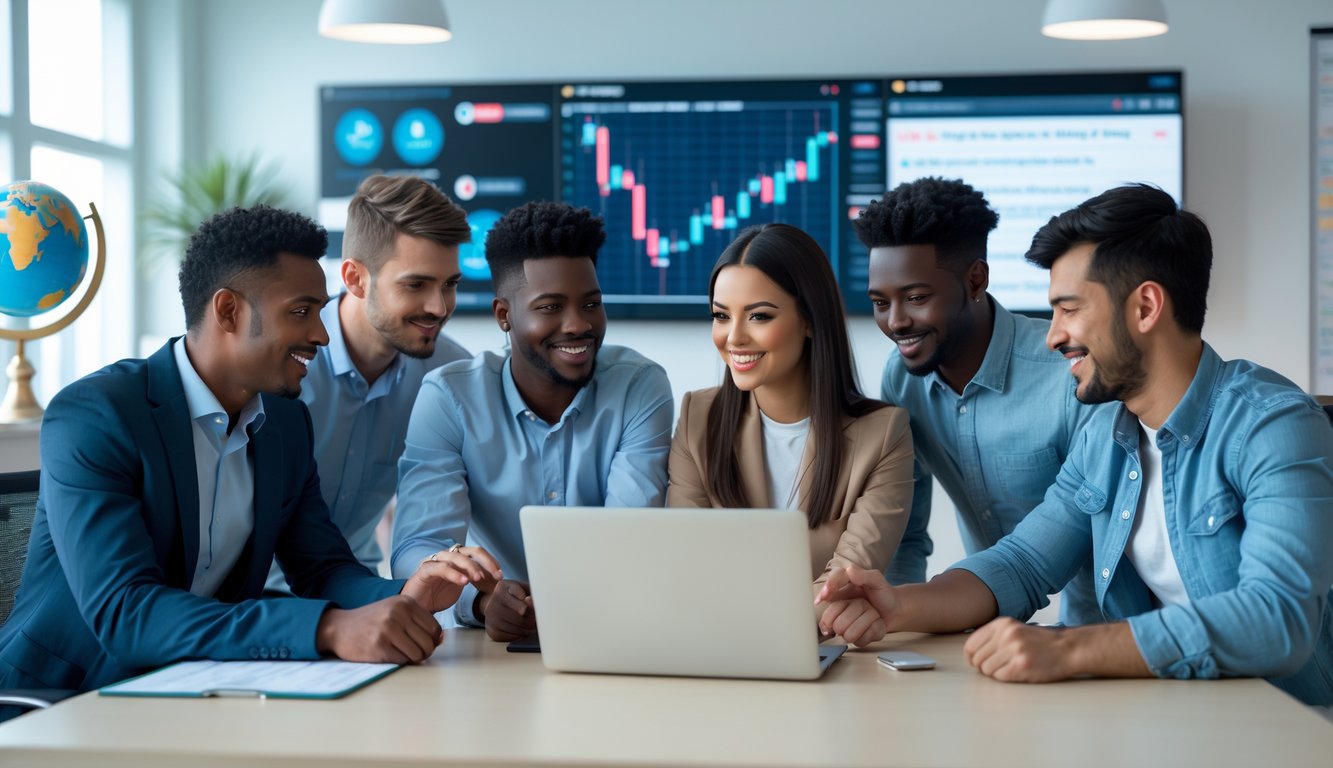Sekelompok orang muda sedang berdiskusi di sekitar laptop di kantor modern yang terang, menunjukkan suasana profesional dan aman terkait taruhan olahraga internasional.