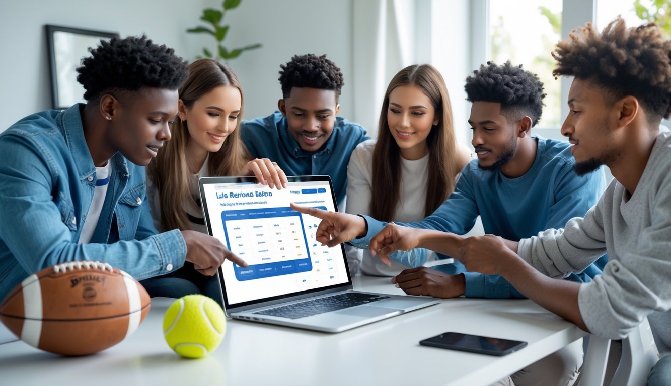 Sekelompok orang muda berkumpul di sekitar laptop di ruangan terang, membahas platform taruhan olahraga internasional.