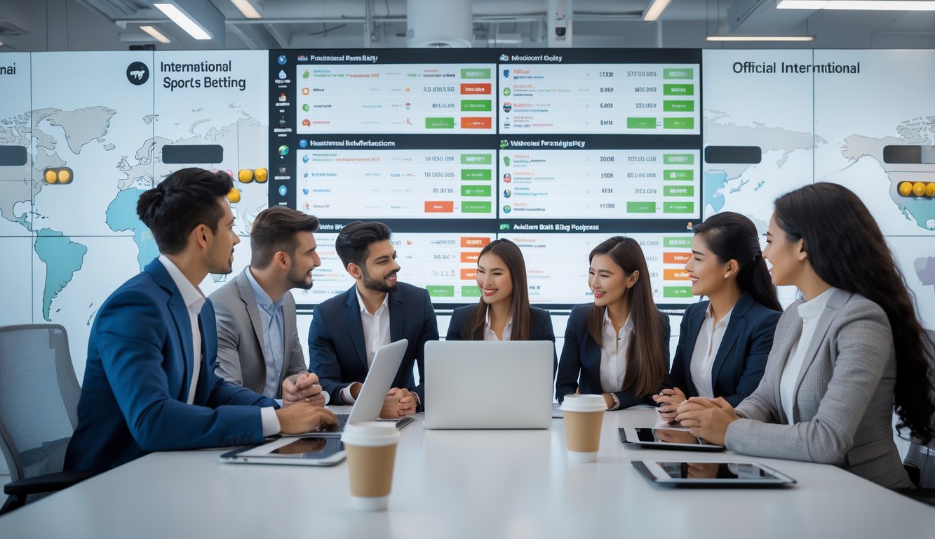 Sekelompok orang muda sedang berdiskusi di ruang kerja modern dengan layar digital yang menampilkan acara olahraga internasional dan peluang taruhan.