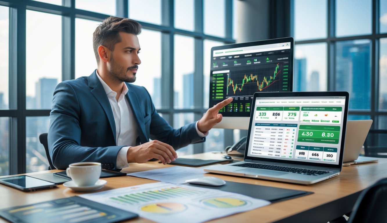 Seorang pria profesional sedang menganalisis strategi taruhan olahraga internasional menggunakan beberapa perangkat digital di kantor modern.