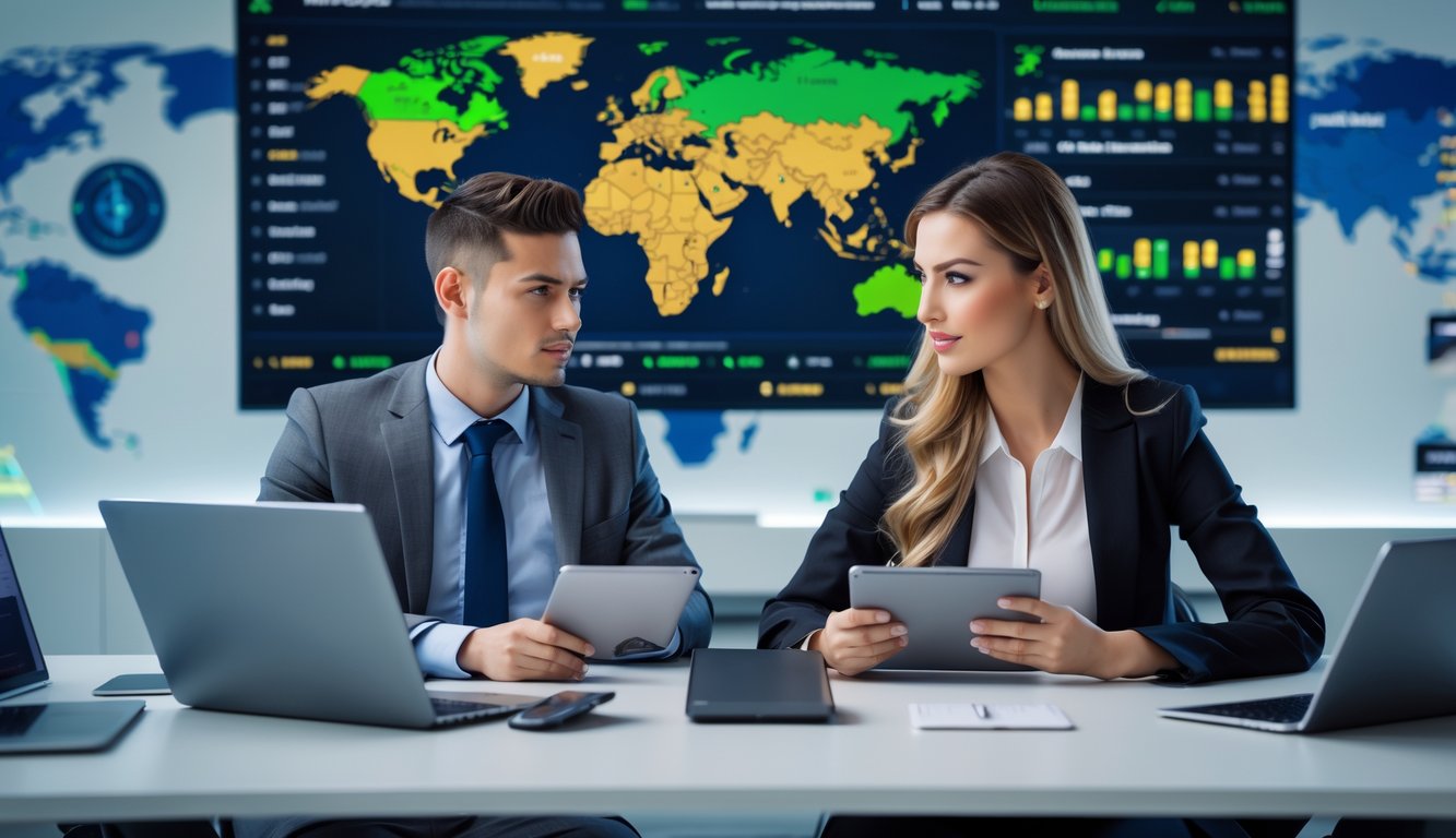 Dua orang muda sedang menggunakan perangkat digital untuk memilih platform taruhan olahraga internasional di sebuah kantor modern.