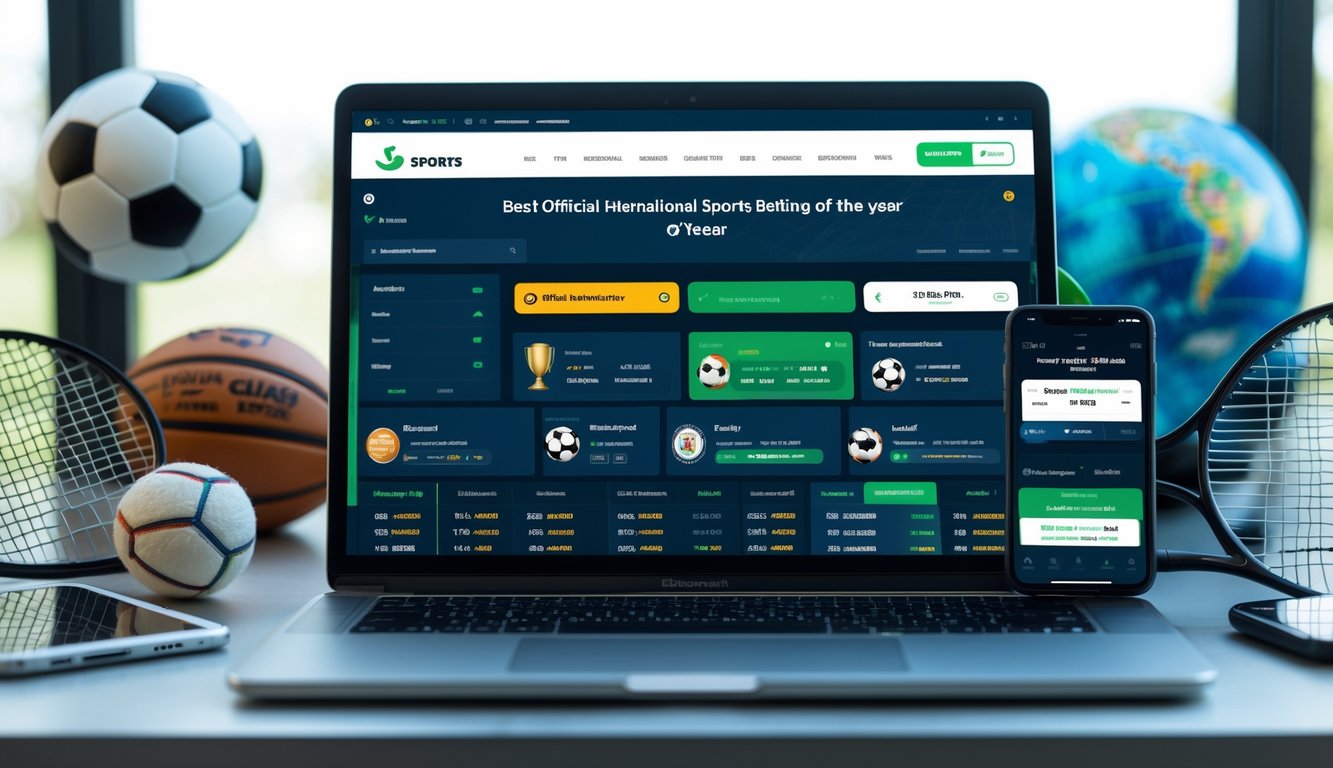 Beberapa perangkat digital di meja menampilkan berbagai platform taruhan olahraga dengan latar belakang perlengkapan olahraga dan globe.