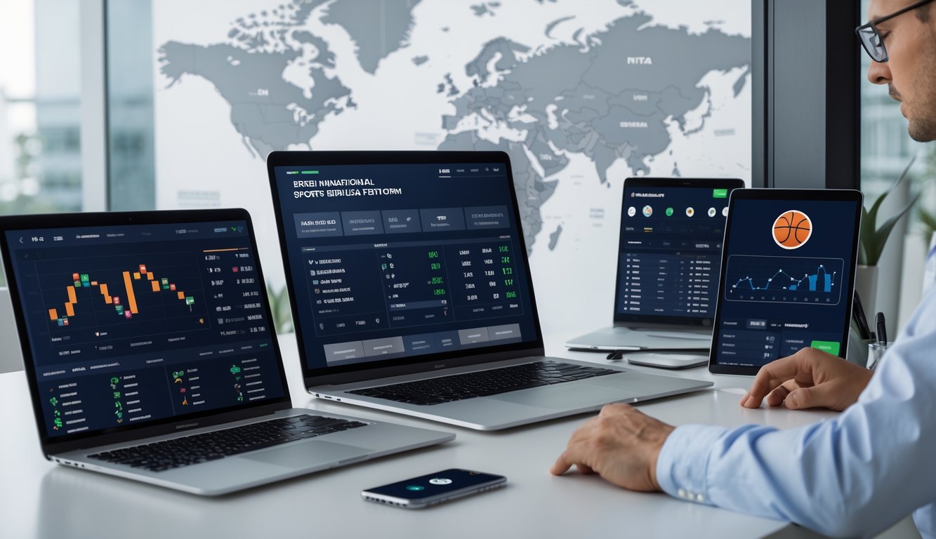 Seorang profesional sedang menganalisis data taruhan olahraga internasional di beberapa perangkat digital dengan peta dunia di latar belakang.