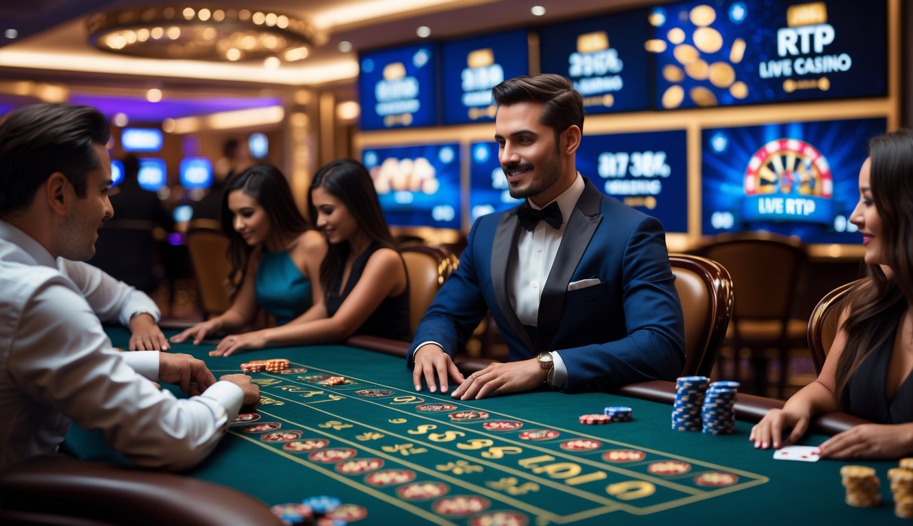Suasana kasino langsung dengan dealer profesional dan pemain yang sedang bermain di meja kasino.