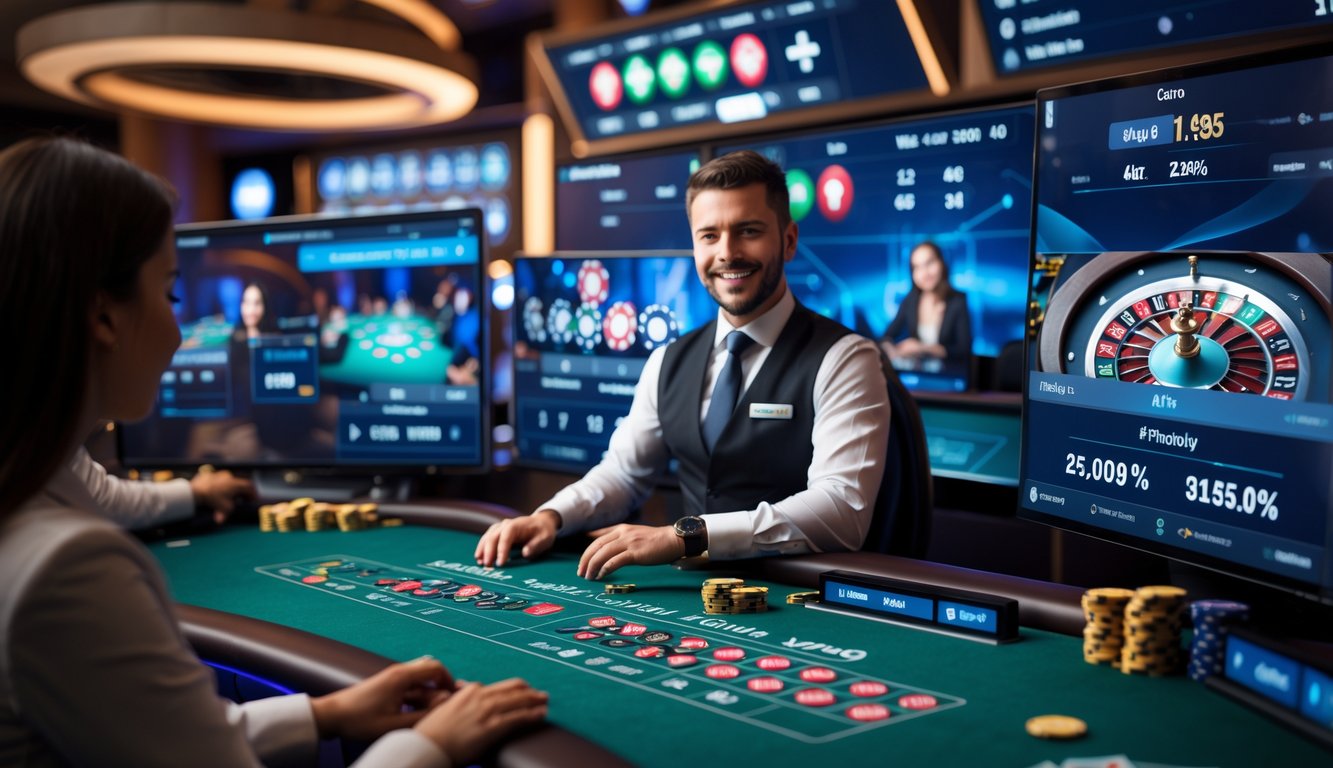 Seorang dealer profesional di studio kasino langsung dengan layar digital yang menampilkan permainan kasino online dan data RTP.