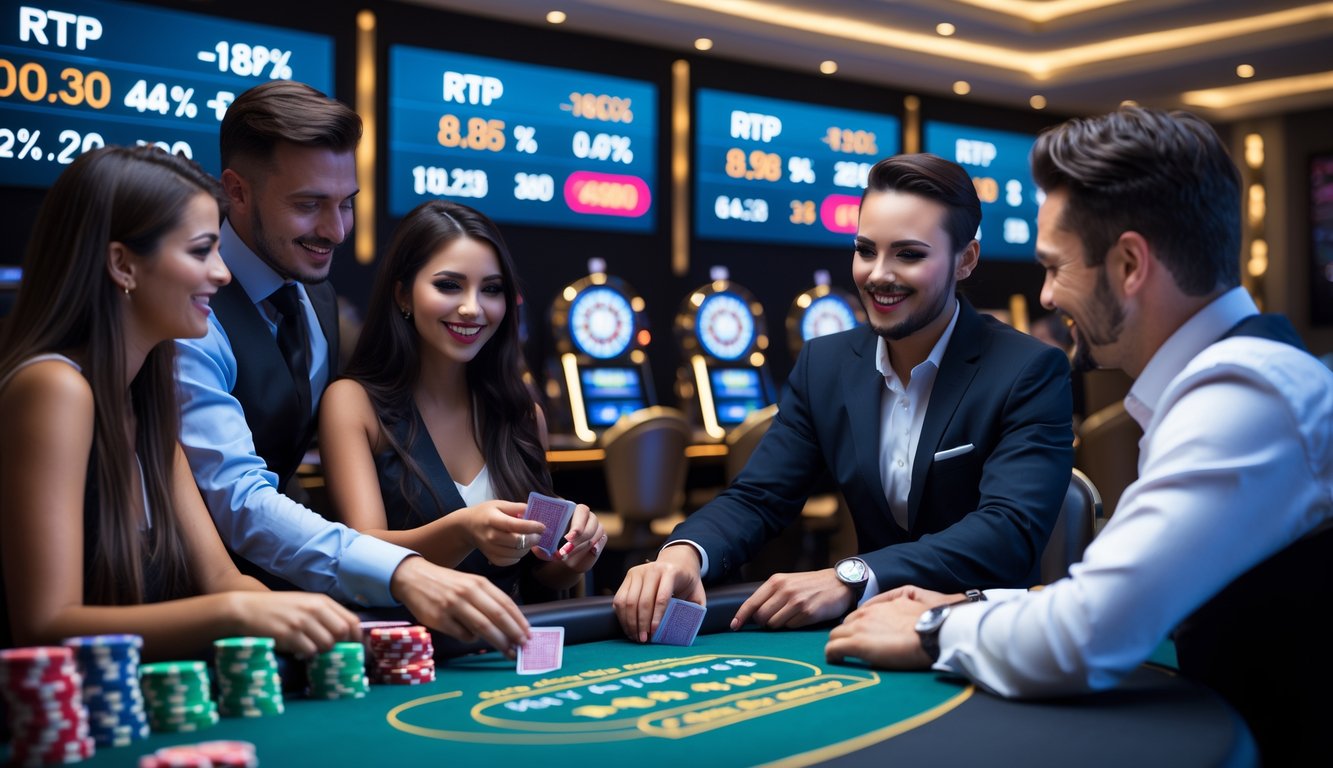 Seorang dealer kasino langsung berinteraksi dengan pemain pemula di meja kasino modern dengan layar menampilkan statistik permainan di latar belakang.