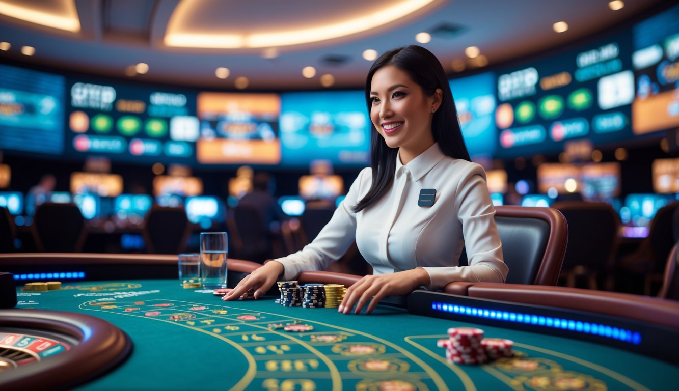 Seorang dealer wanita profesional sedang mengelola meja kasino langsung dengan kartu dan chip, dikelilingi layar yang menampilkan permainan kasino online.