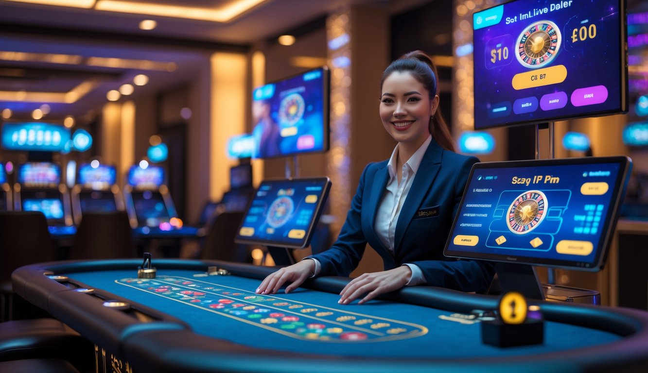 Seorang dealer kasino nyata sedang berinteraksi di meja kasino modern dengan layar digital menampilkan permainan dan statistik RTP tinggi.