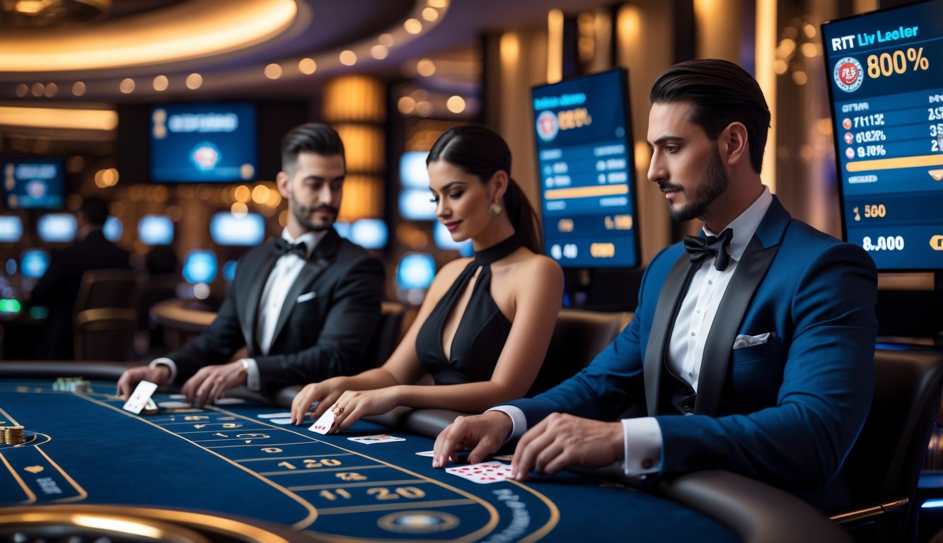 Seorang pria dan wanita duduk di meja kasino langsung dengan dealer nyata, dikelilingi layar digital yang menampilkan statistik permainan.
