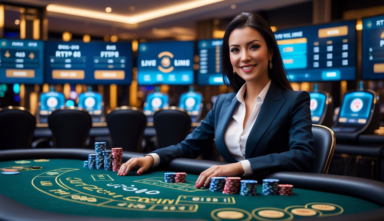 Seorang dealer wanita profesional duduk di meja kasino dengan kartu dan chip, di latar belakang terdapat layar besar yang menampilkan permainan kasino langsung dan statistik RTP.