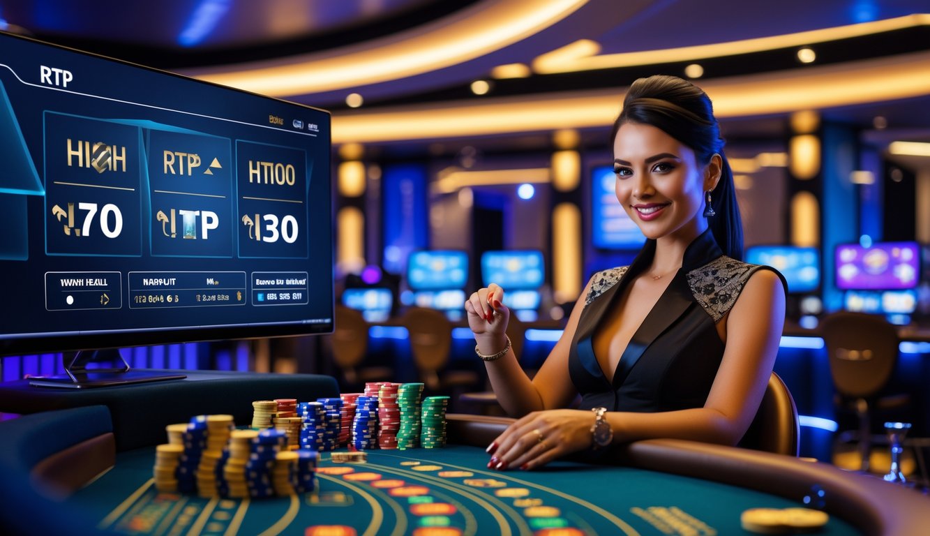 Seorang dealer nyata di studio kasino modern dengan layar menampilkan statistik RTP tinggi dan peralatan kasino seperti kartu dan roda roulette.