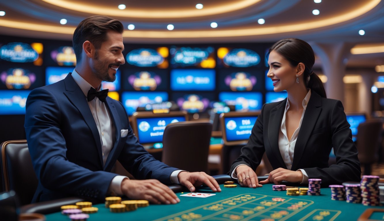 Seorang dealer kasino langsung yang profesional sedang mengoperasikan meja permainan dengan latar belakang layar menampilkan permainan kasino online.