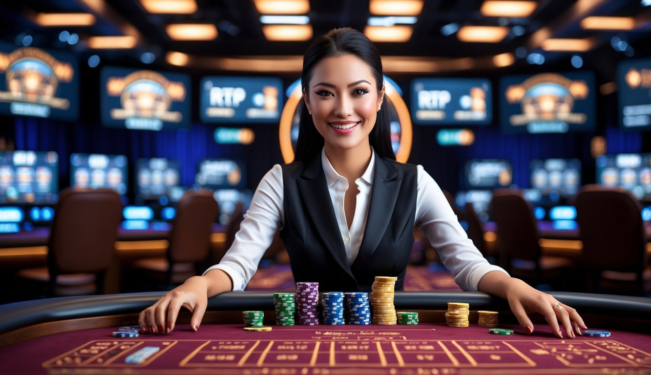 Seorang dealer wanita tersenyum di meja kasino dengan kartu dan chip, dikelilingi layar yang menampilkan permainan kasino langsung.