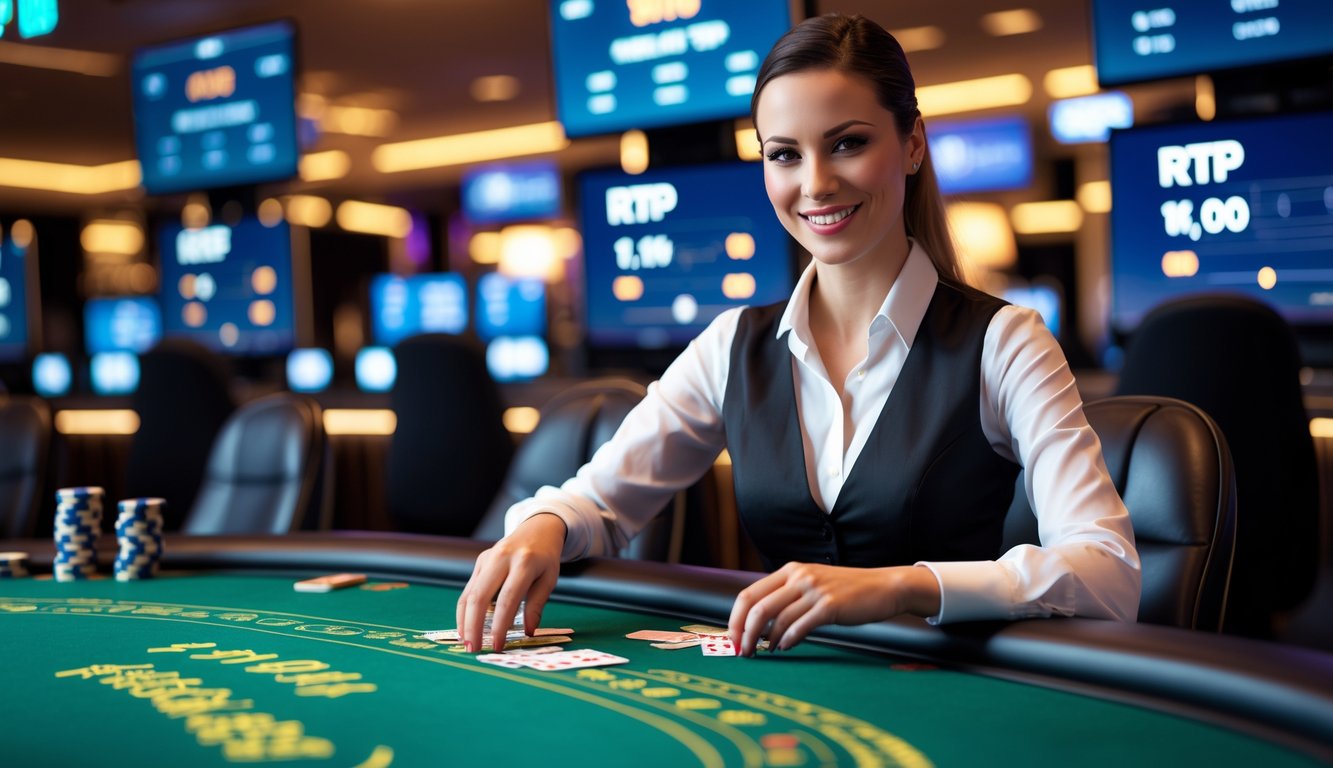 Seorang dealer wanita tersenyum di meja kasino dengan layar menampilkan statistik permainan di latar belakang.