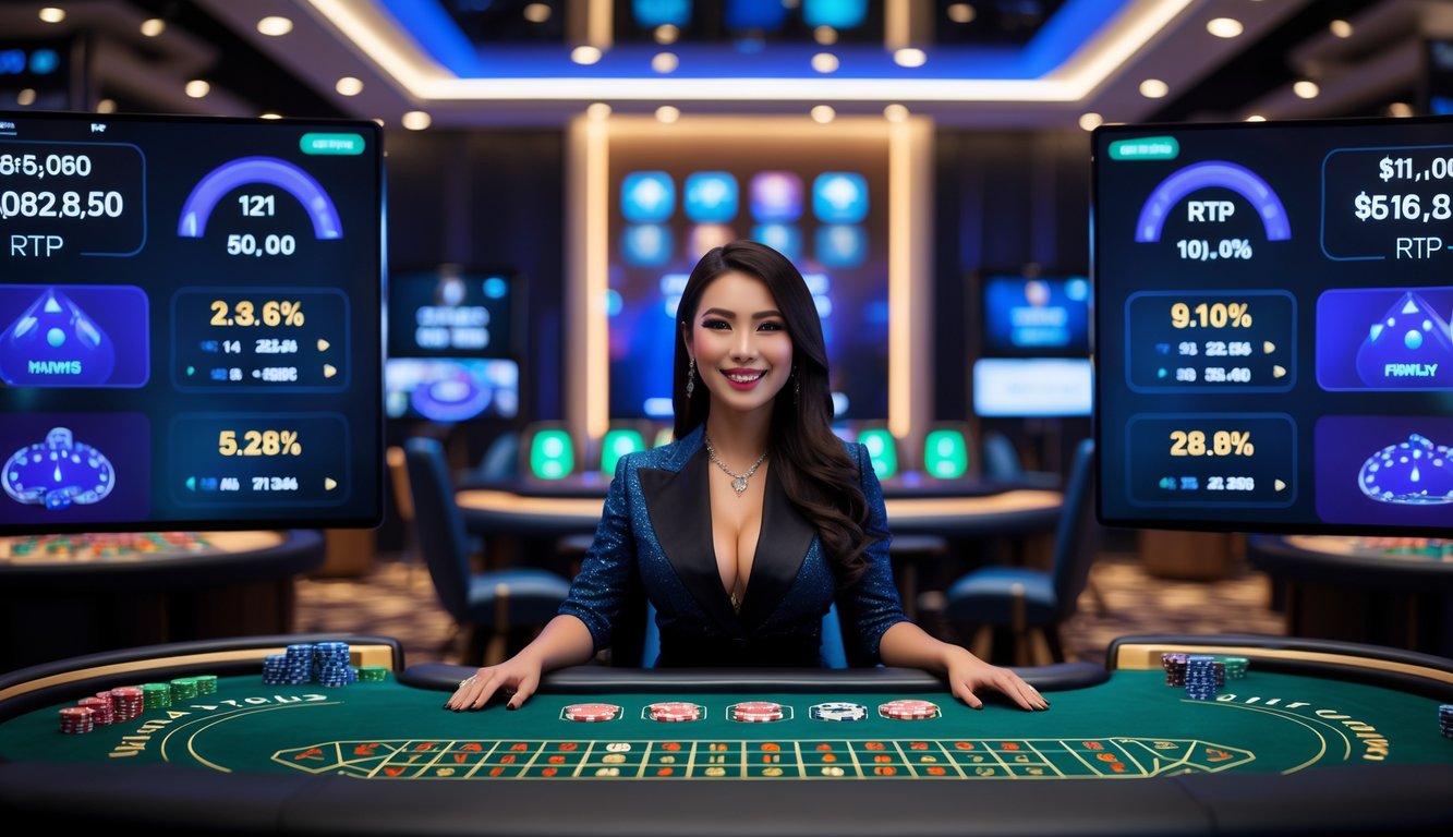 Seorang dealer nyata duduk di meja kasino online dengan layar digital menampilkan statistik permainan di latar belakang.