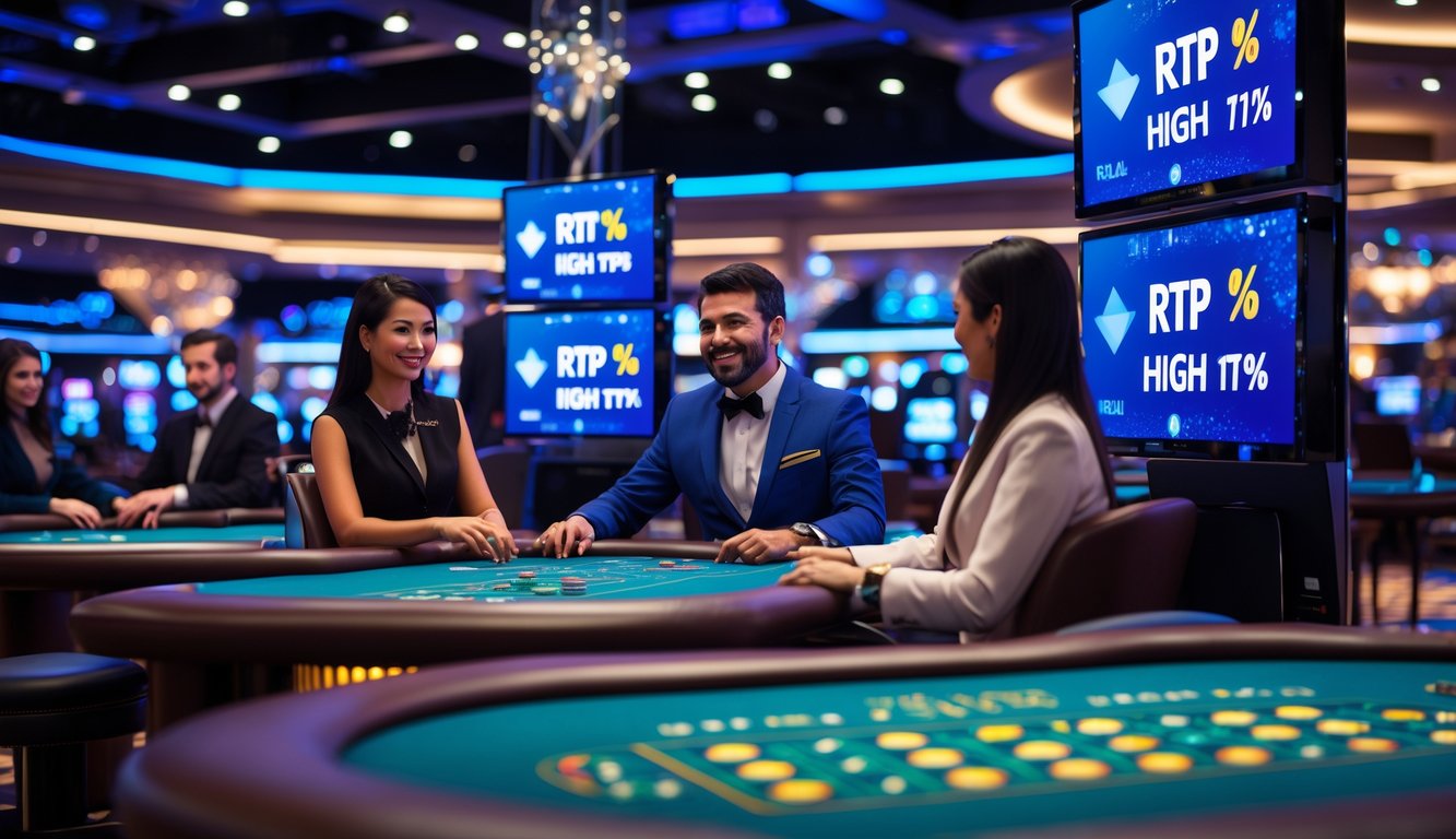 Suasana kasino langsung dengan dealer nyata yang berinteraksi dengan pemain melalui layar, menampilkan meja permainan dan teknologi modern.