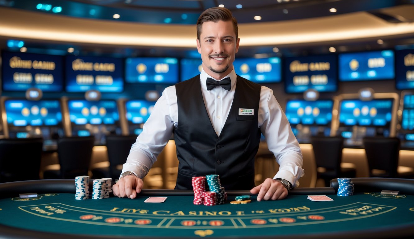 Seorang dealer profesional berdiri di belakang meja kasino dengan kartu dan chip, di studio kasino modern dengan layar yang menampilkan statistik permainan.