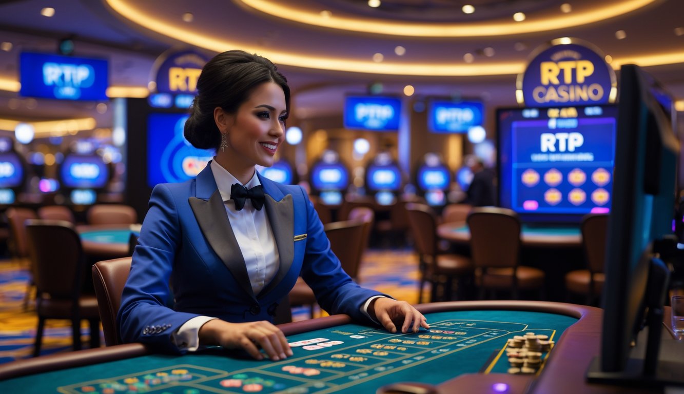 Seorang dealer profesional sedang mengelola meja permainan di kasino langsung dengan suasana kasino modern di latar belakang.