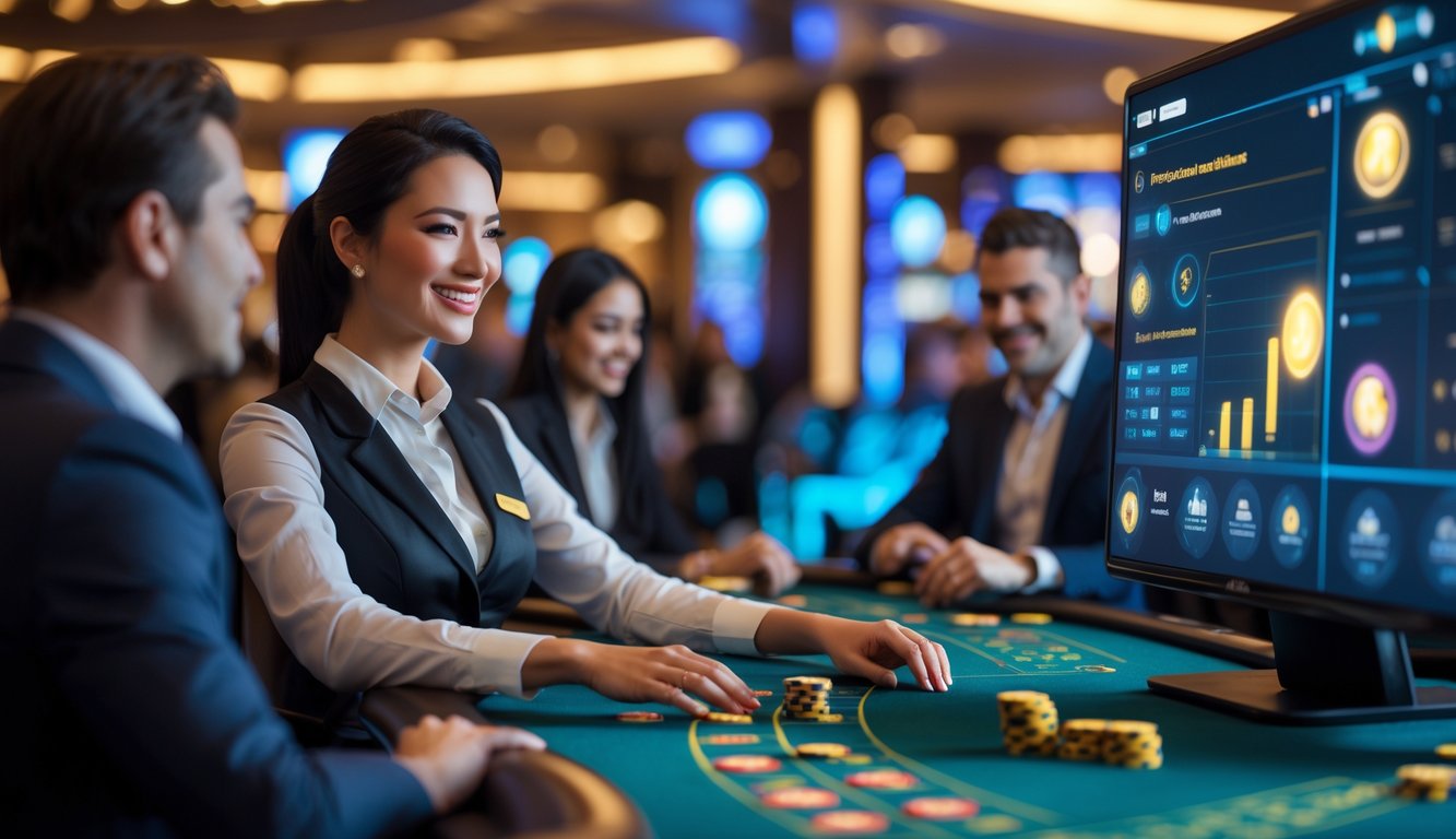 Seorang dealer kasino nyata sedang berinteraksi dengan pemain melalui layar digital di meja kasino yang elegan dengan kartu dan chip.