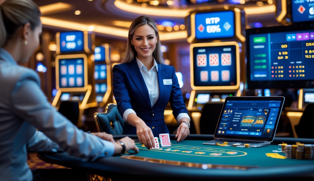 Seorang dealer wanita tersenyum sedang membagikan kartu di meja kasino dengan layar digital di latar belakang dan tangan pemain terlihat berinteraksi dengan permainan.