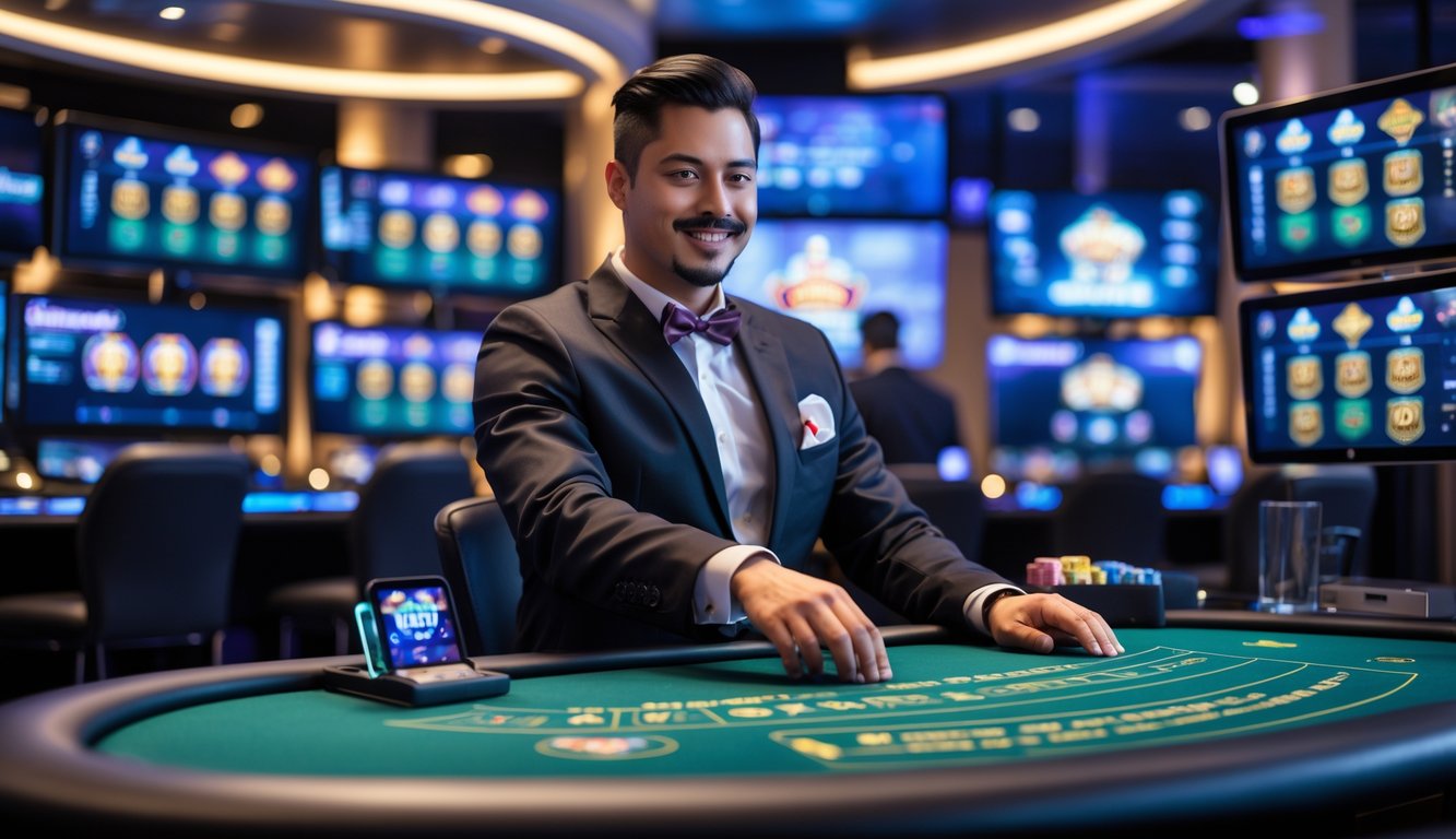 Seorang dealer nyata di meja kasino dengan layar digital menampilkan permainan kasino langsung, suasana studio kasino online yang modern dan profesional.