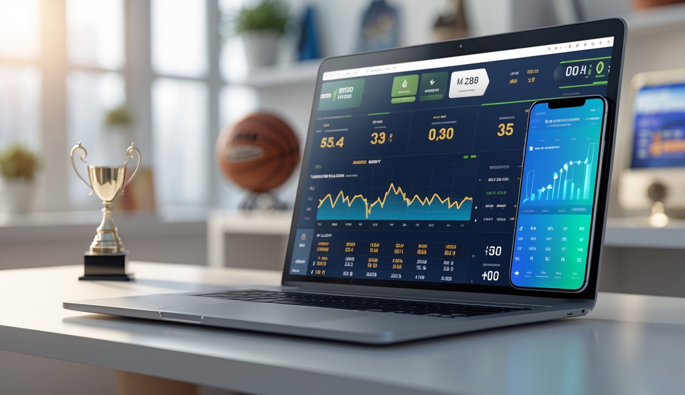 Sebuah laptop dan ponsel menampilkan tampilan platform taruhan olahraga dengan data odds dan statistik NBA terbaru di atas meja di ruangan kantor rumah yang terang.