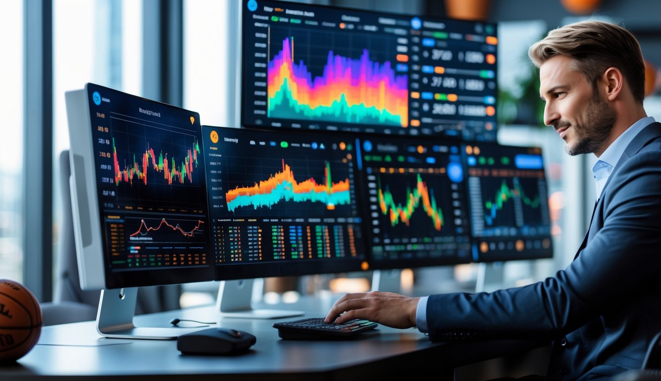 Seorang profesional sedang bekerja dengan beberapa layar komputer yang menampilkan statistik dan grafik taruhan NBA terbaru di sebuah kantor modern.