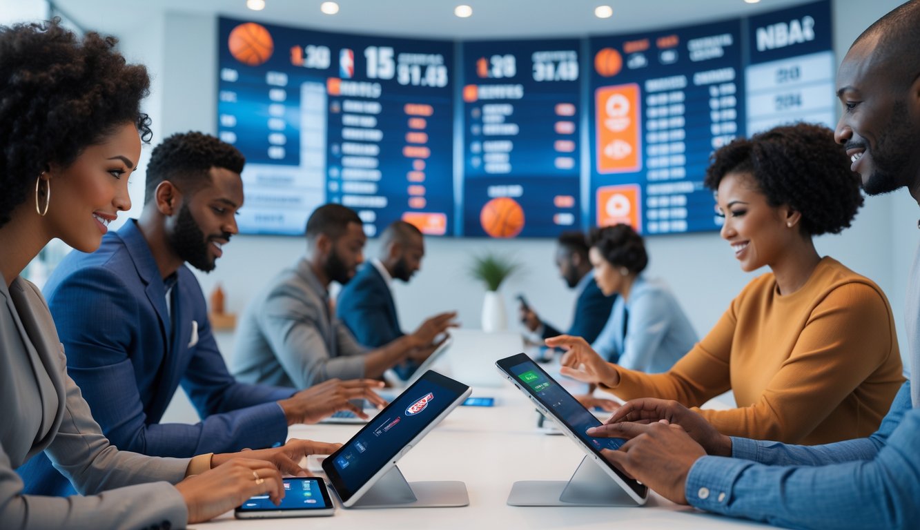 Beberapa orang menggunakan perangkat elektronik di ruangan dengan layar besar yang menampilkan statistik dan skor pertandingan bola basket.