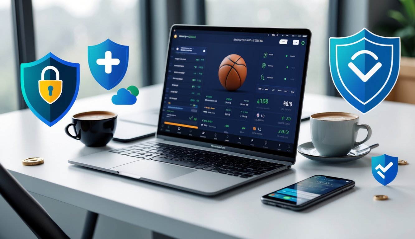 Meja kerja dengan laptop yang menampilkan antarmuka taruhan NBA, ponsel dengan skor pertandingan, dan simbol keamanan seperti gembok dan tanda centang.