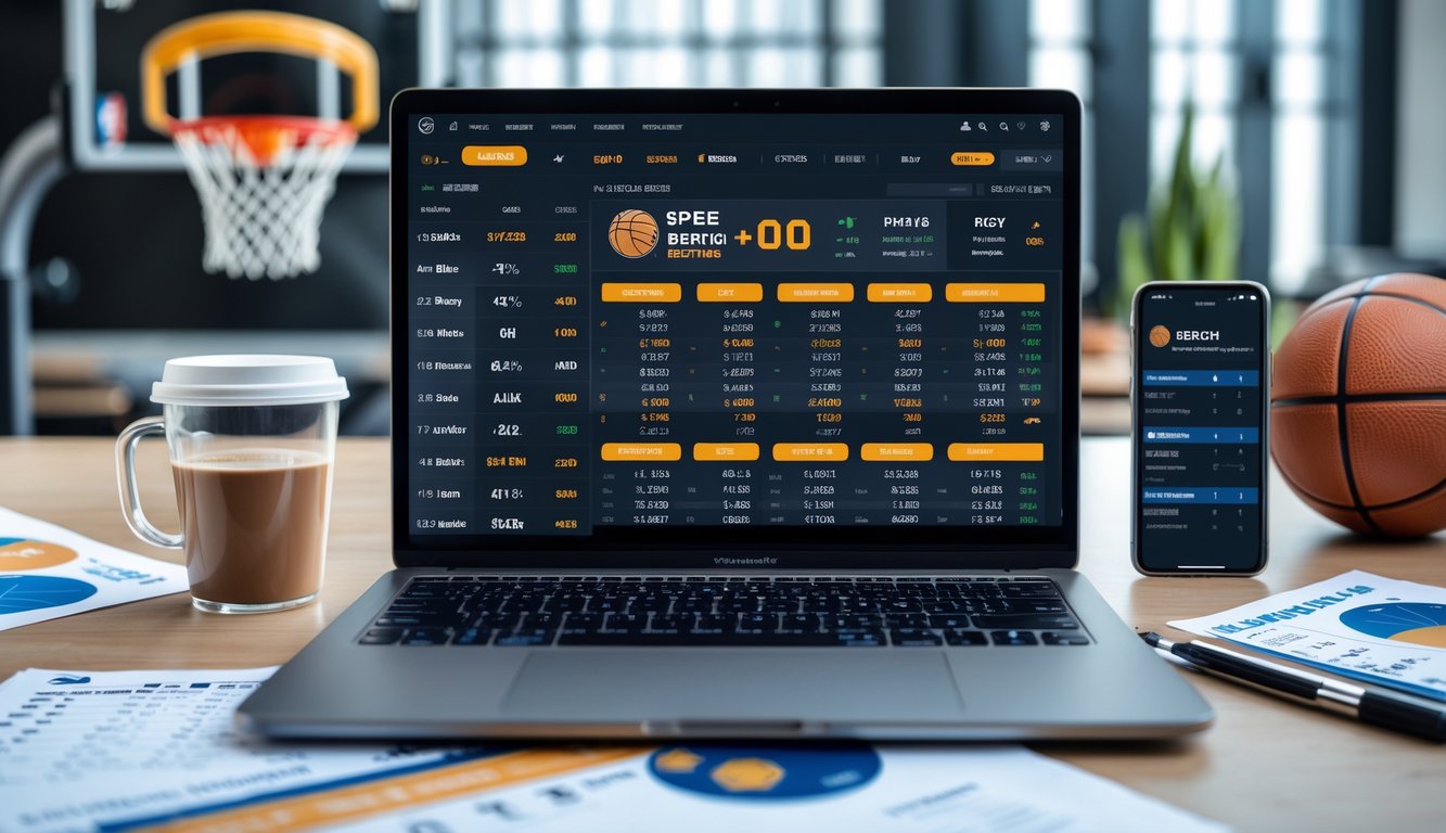 Meja kerja modern dengan laptop yang menampilkan platform taruhan NBA, ponsel dengan skor langsung, dan catatan statistik bola basket di sekitarnya.