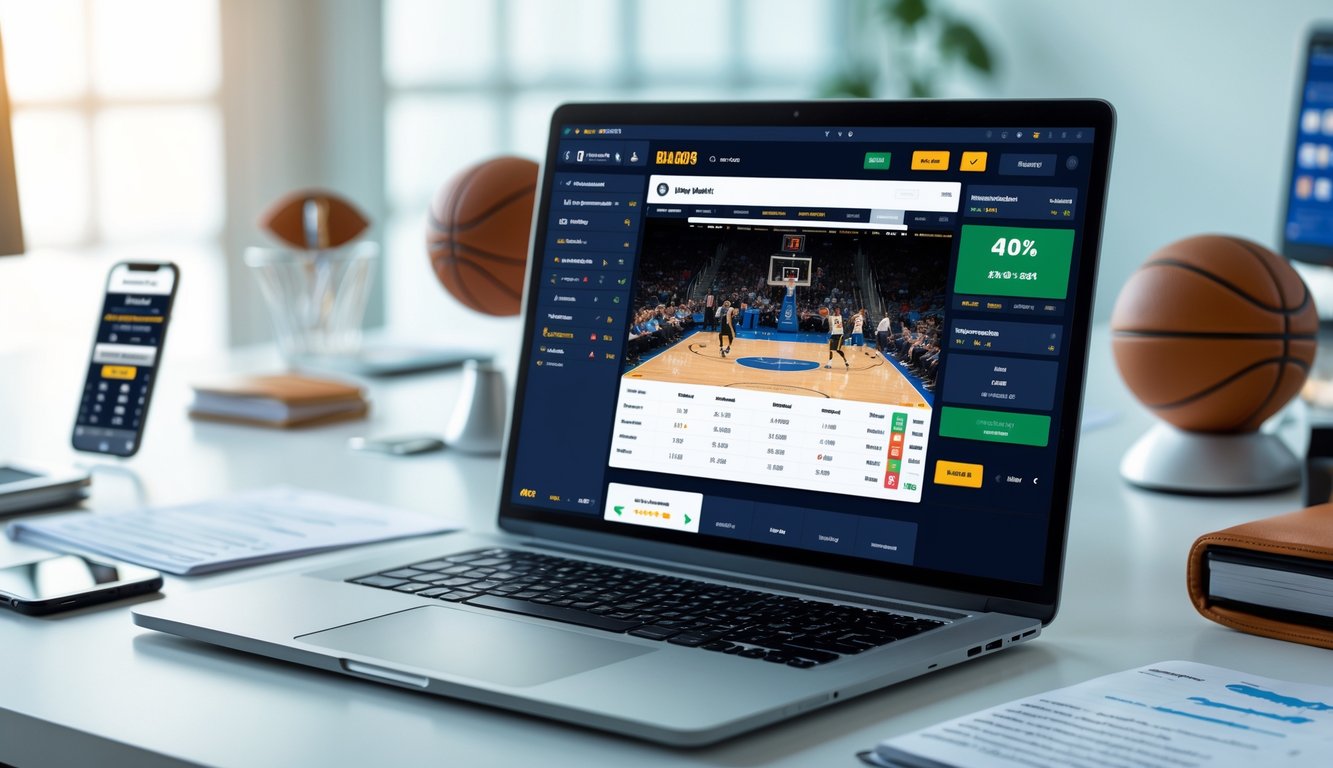 Seorang profesional sedang bekerja di meja dengan laptop yang menampilkan pertandingan NBA dan grafik odds, dikelilingi catatan dan ponsel dengan aplikasi taruhan.
