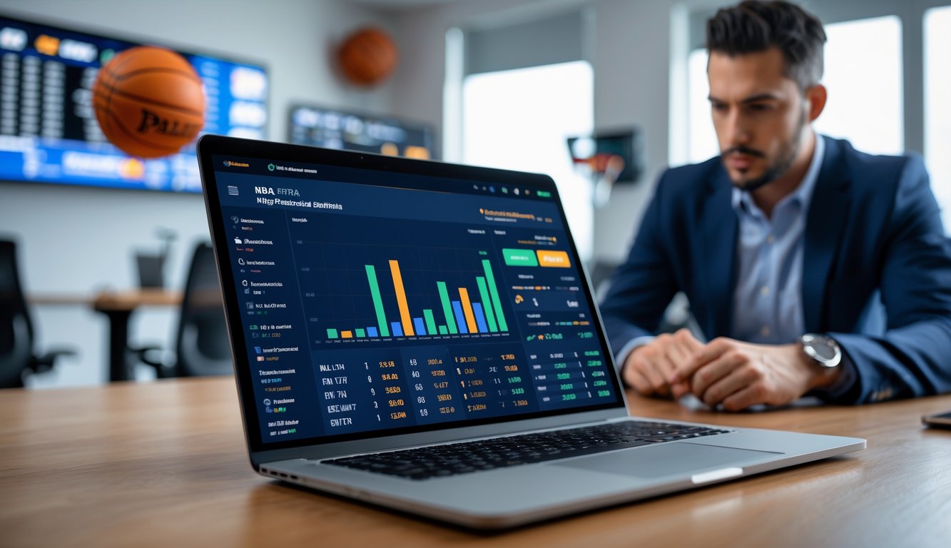 Seseorang sedang melihat layar laptop dan ponsel yang menampilkan data taruhan NBA dengan latar kantor modern dan dekorasi bertema bola basket.