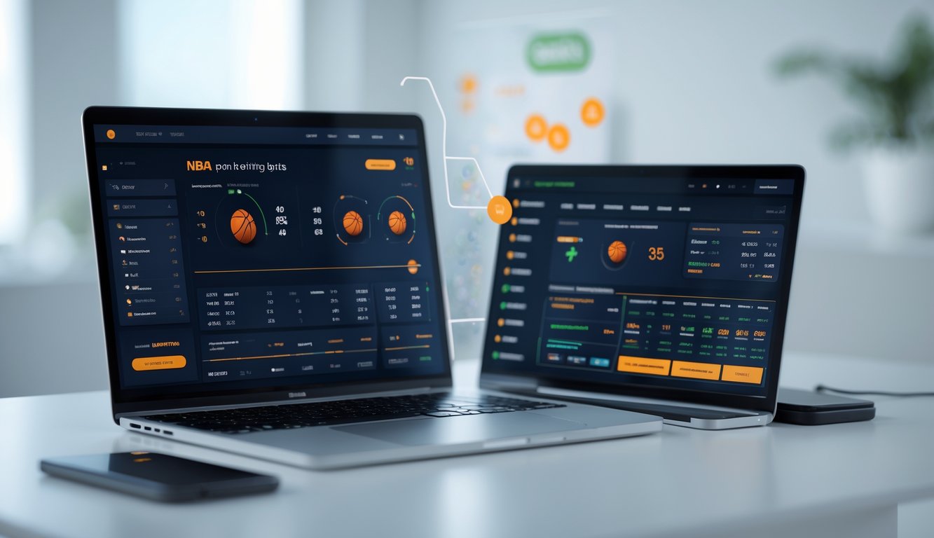 Meja kerja modern dengan laptop dan monitor menampilkan data terkait taruhan NBA, dikelilingi oleh elemen teknologi dan olahraga dalam suasana kantor profesional.