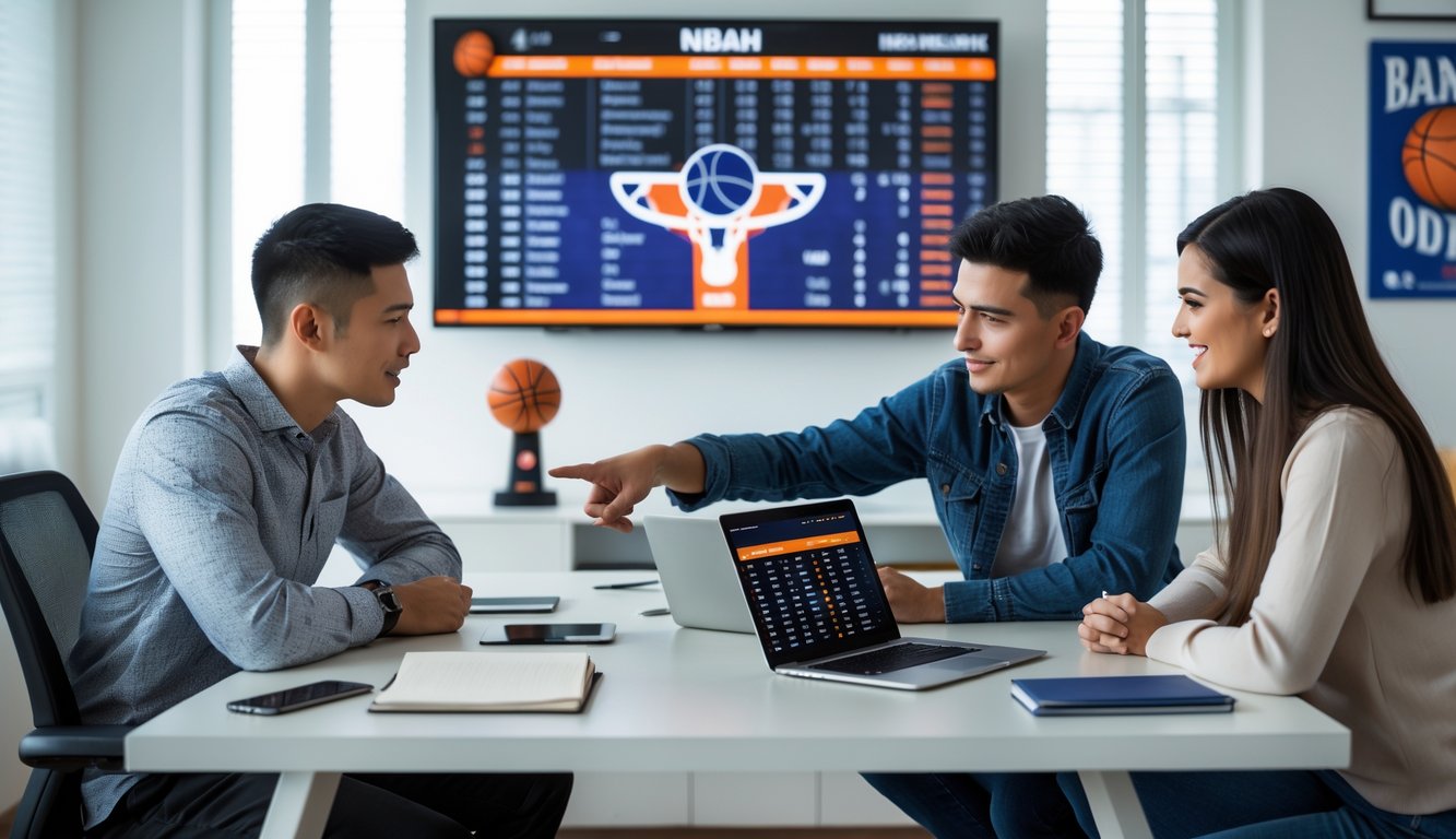 Dua orang muda sedang berdiskusi di depan laptop yang menampilkan statistik dan peluang taruhan NBA dengan layar besar menampilkan pertandingan NBA di latar belakang.
