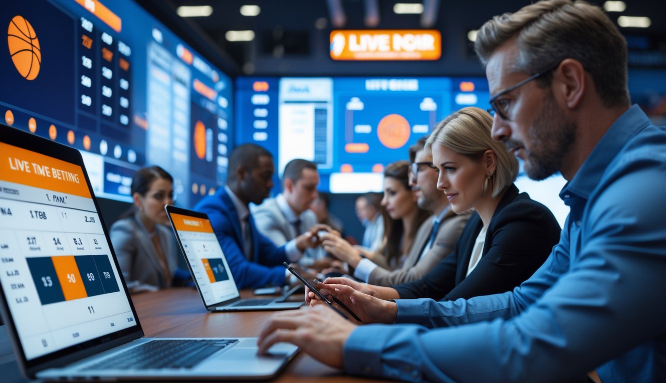 Orang-orang menggunakan perangkat digital untuk memasang taruhan langsung pada pertandingan NBA dengan latar belakang layar yang menampilkan data taruhan olahraga.