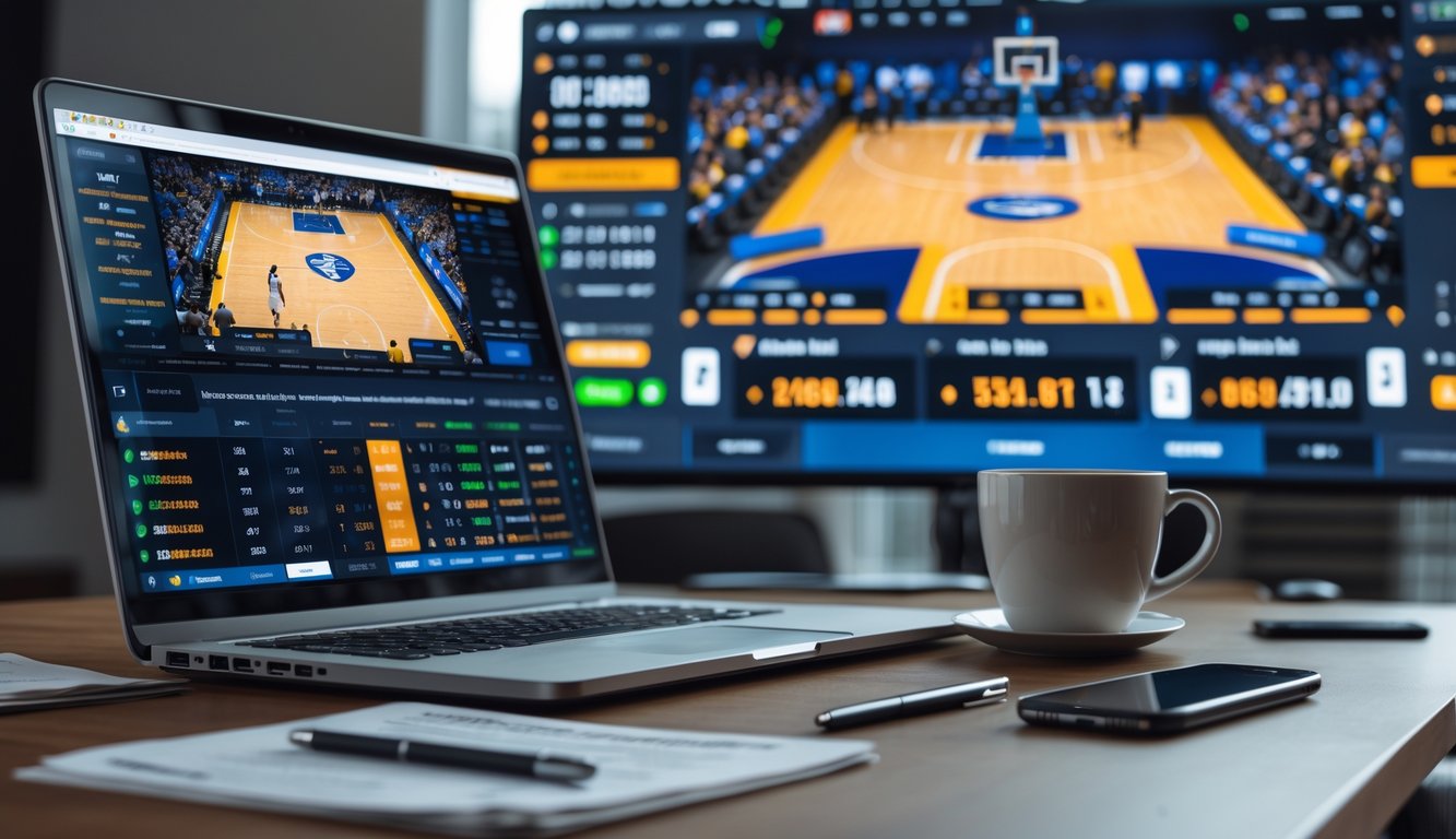 Sebuah ruang kerja modern dengan laptop dan ponsel yang menampilkan statistik dan skor NBA, serta layar besar yang menunjukkan pertandingan bola basket berlangsung.