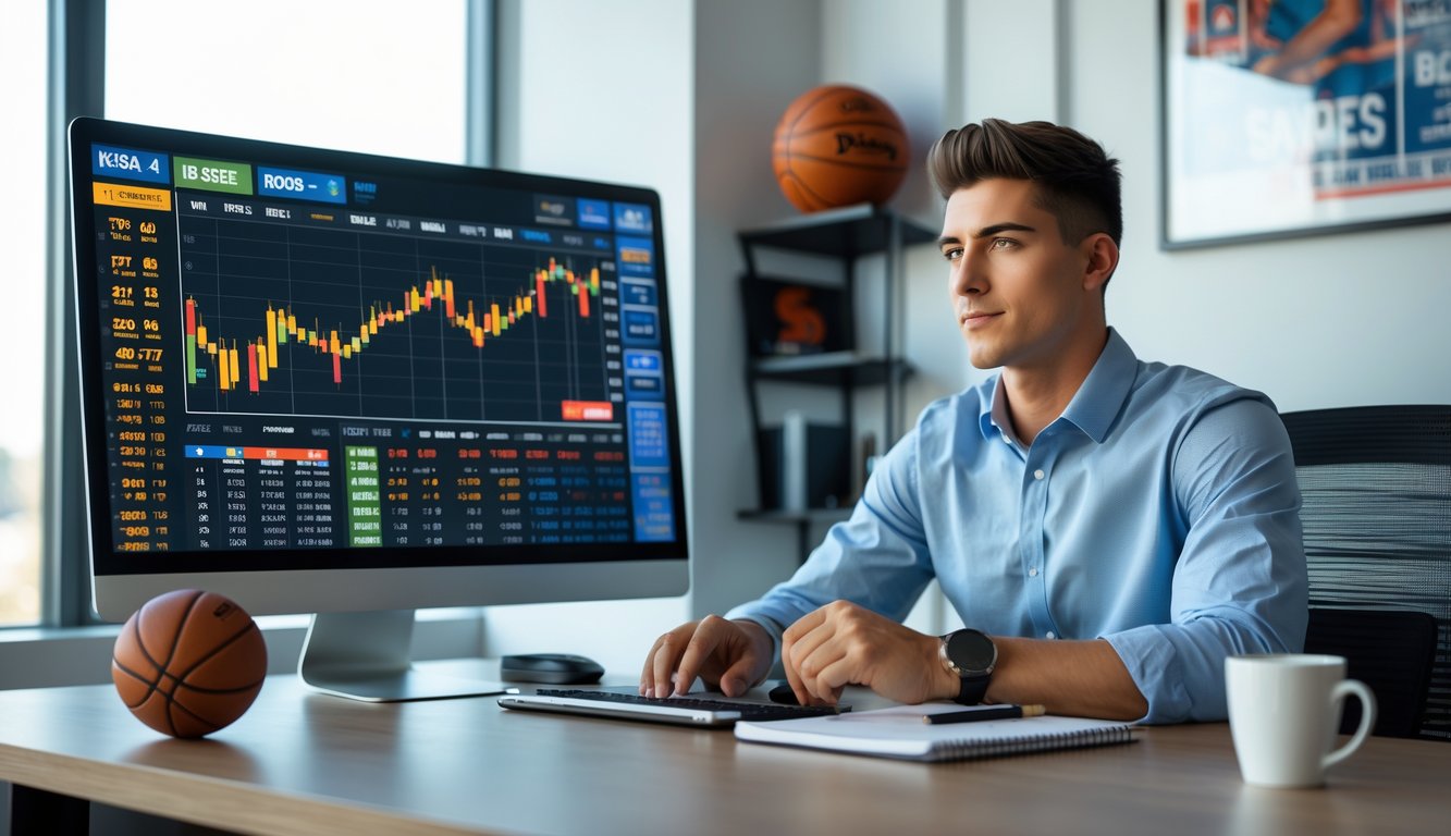 Seorang pria muda duduk di depan komputer yang menampilkan data dan grafik taruhan NBA, di ruang kerja dengan dekorasi bertema olahraga basket.