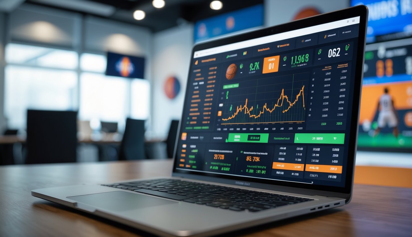 Layar komputer menampilkan statistik dan peluang taruhan NBA secara real-time di sebuah kantor modern dengan dekorasi bertema bola basket.
