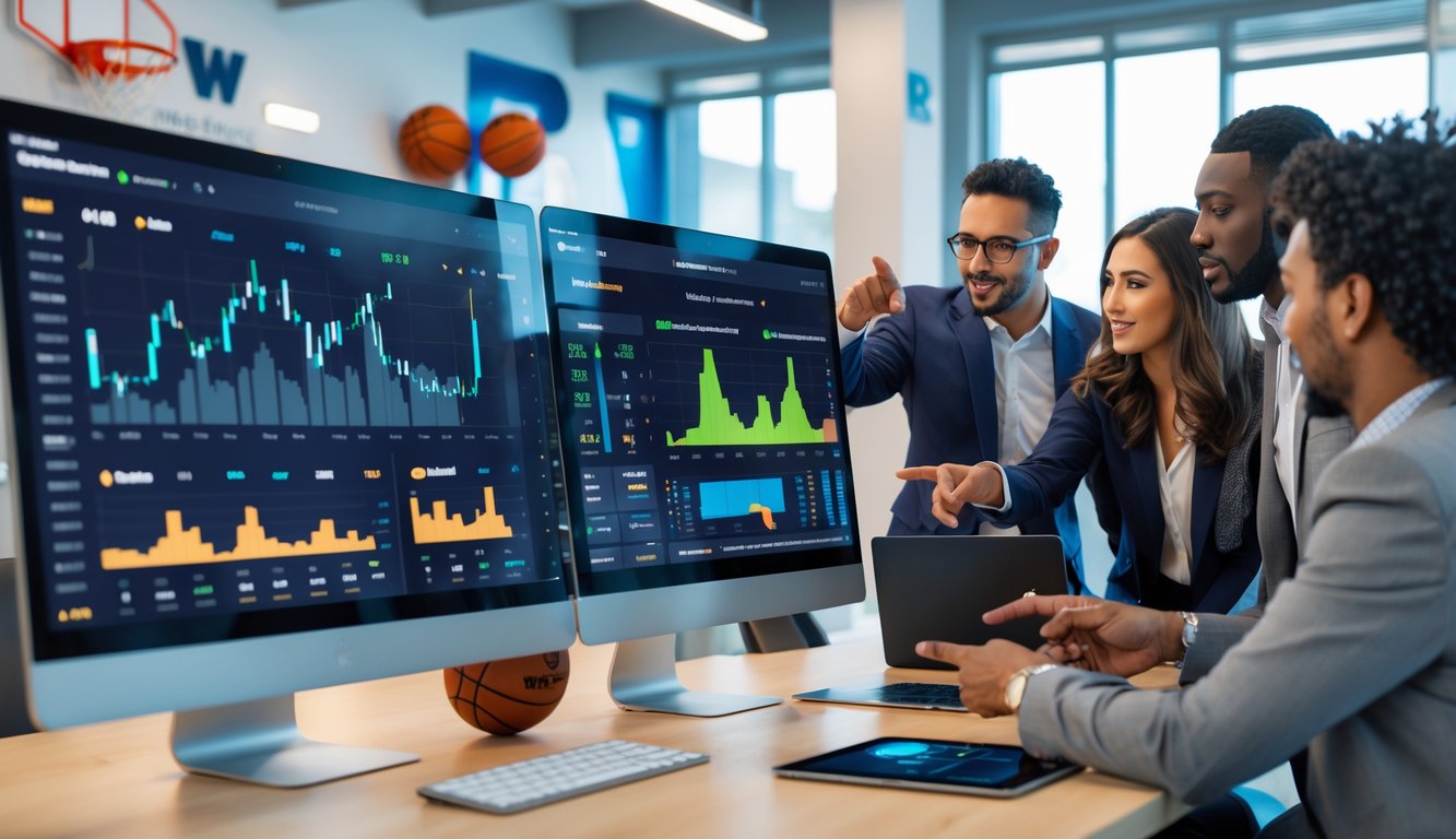 Orang-orang profesional sedang menganalisis data statistik NBA secara real-time di layar komputer dan tablet dalam ruangan kantor modern.