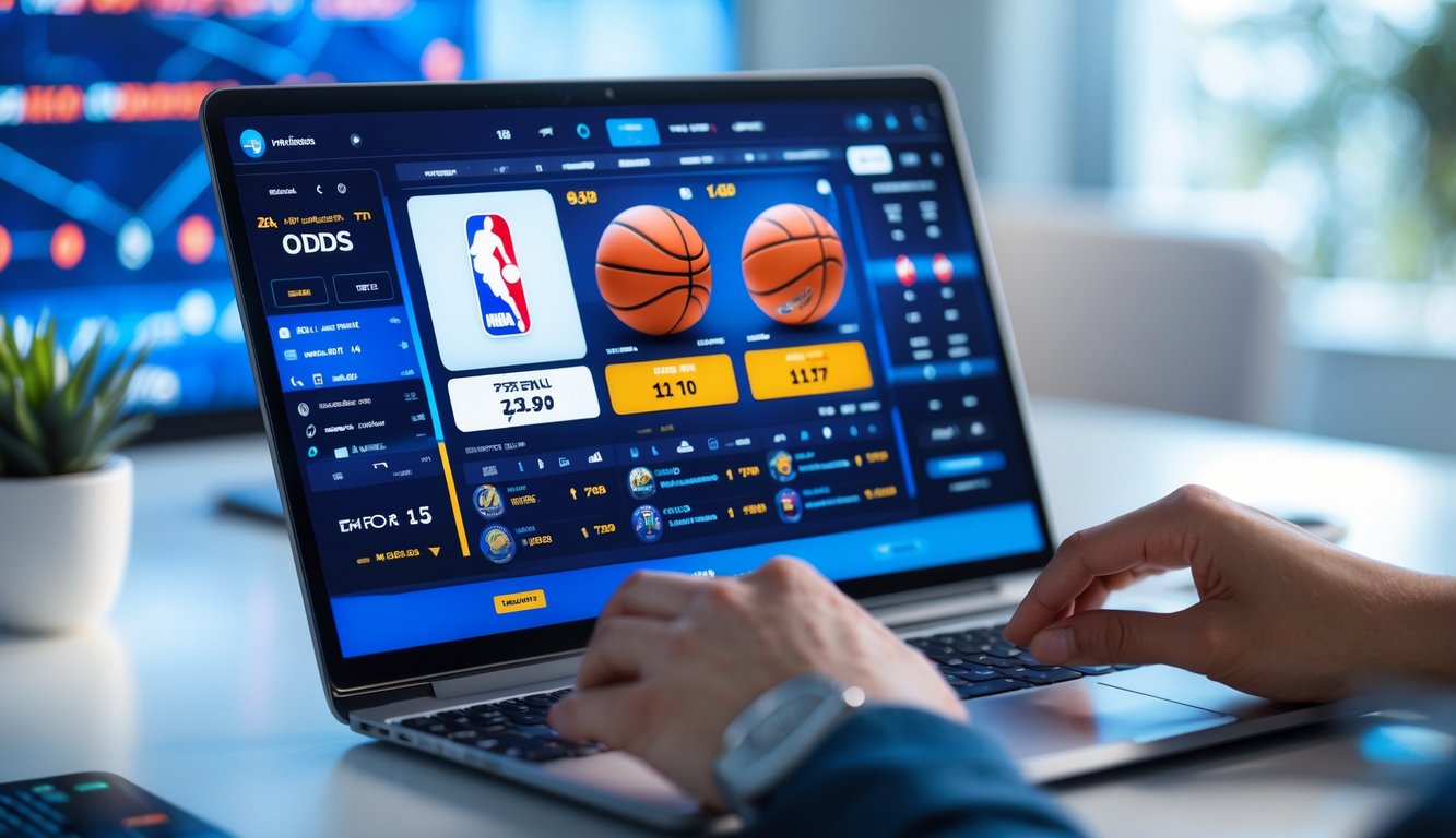 Seorang pengguna sedang menggunakan laptop dengan tampilan platform taruhan NBA yang modern dan interaktif di layar.