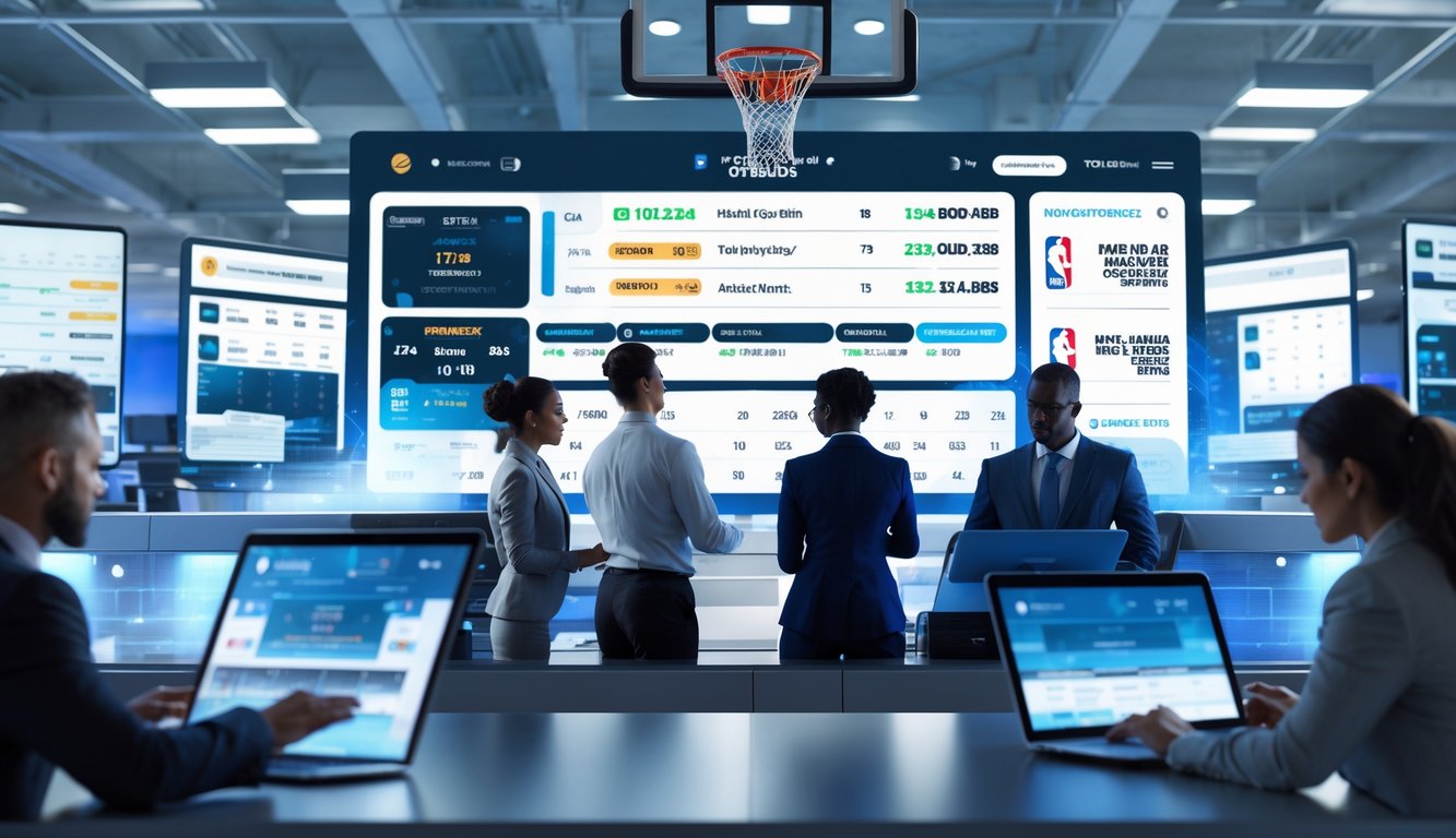 Orang-orang bekerja dengan perangkat digital menampilkan statistik dan peluang taruhan NBA di kantor modern.