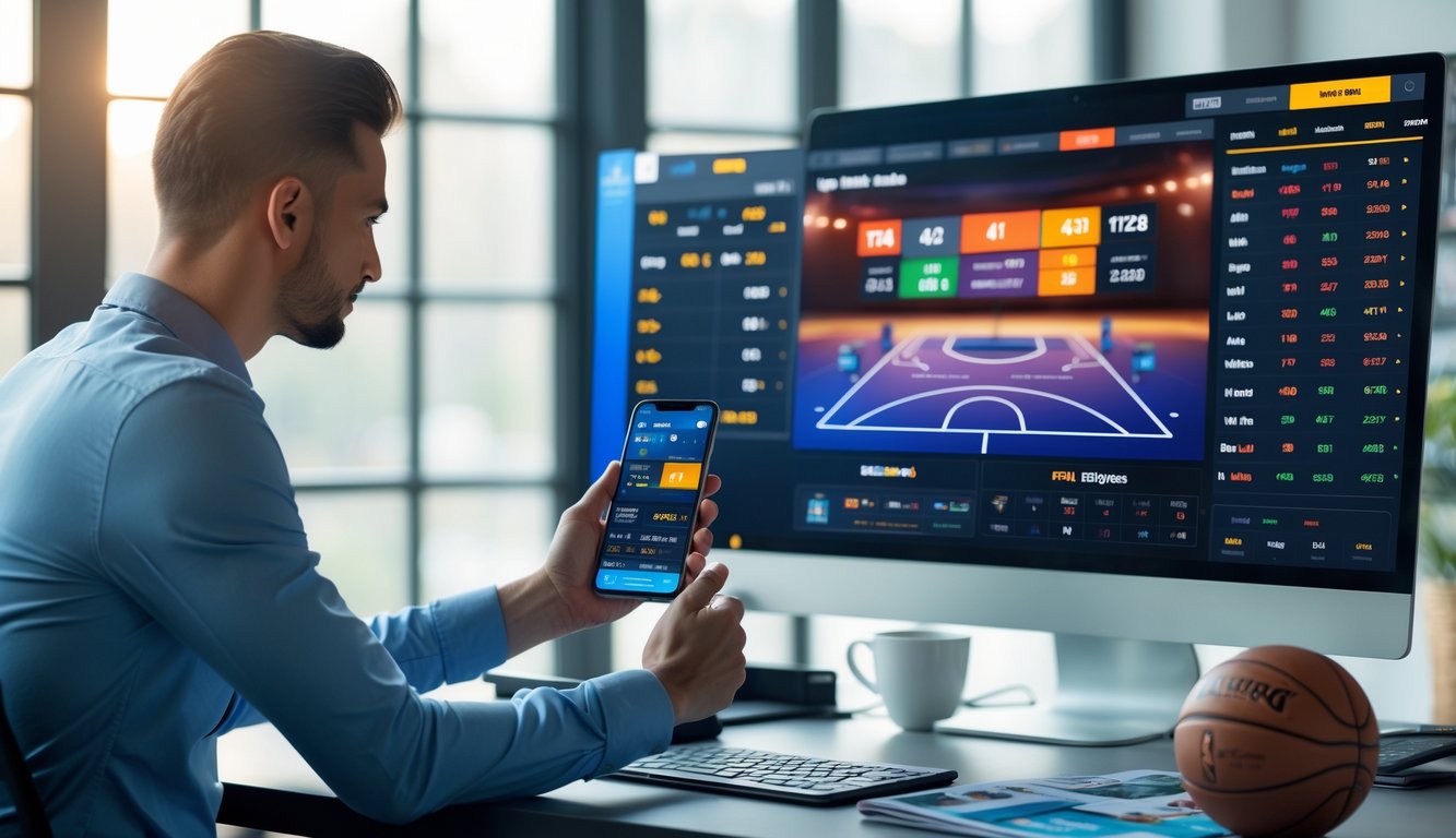 Seseorang sedang menganalisis data taruhan NBA di depan komputer dengan ponsel di tangan dalam ruang kerja yang terang dan rapi.