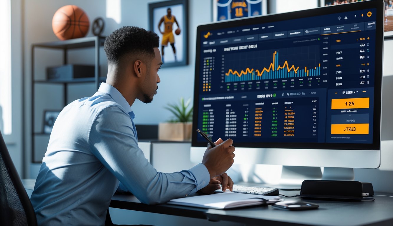Seorang pria sedang menganalisis data taruhan NBA di depan komputer di ruang kerja modern.