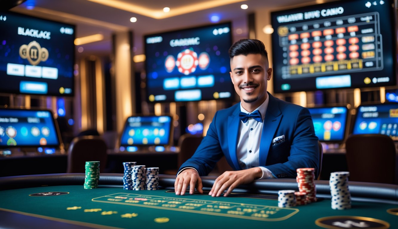 Seorang dealer casino asli sedang melayani permainan di meja dengan latar belakang layar permainan casino online.