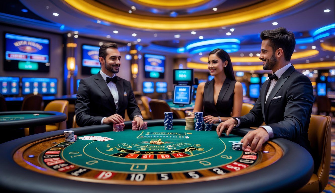 Suasana kasino langsung dengan dealer asli yang sedang melayani permainan di meja kasino modern.