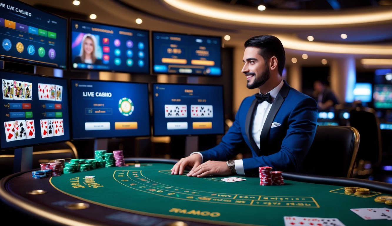 Seorang dealer casino asli duduk di meja permainan dengan kartu dan chip, dikelilingi oleh layar yang menampilkan permainan casino langsung.