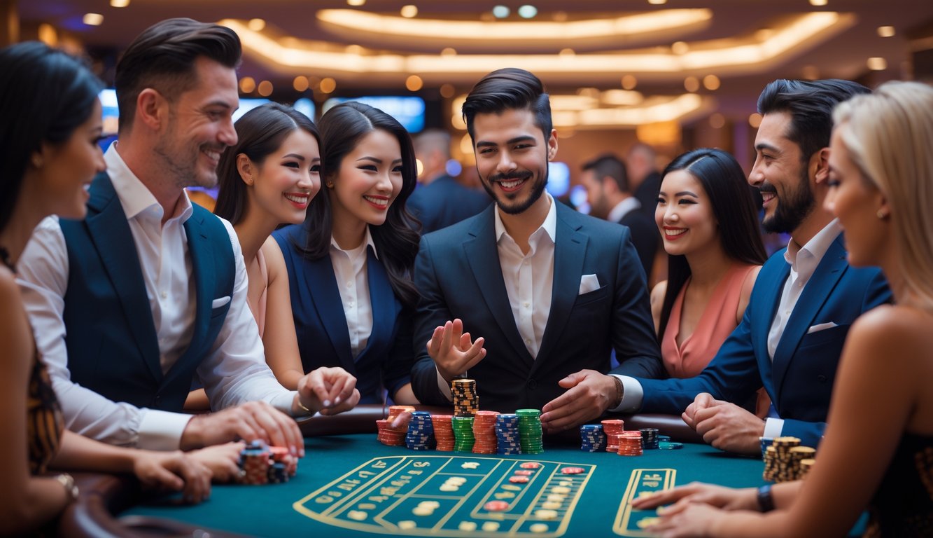 Seorang dealer kasino langsung yang tersenyum di meja permainan dengan kartu dan chip, suasana kasino yang hangat dan profesional.