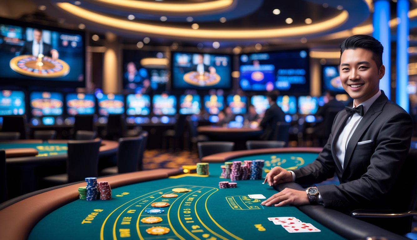 Seorang dealer kasino langsung yang tersenyum di meja kasino dengan kartu dan chip, di latar belakang layar menampilkan permainan langsung.