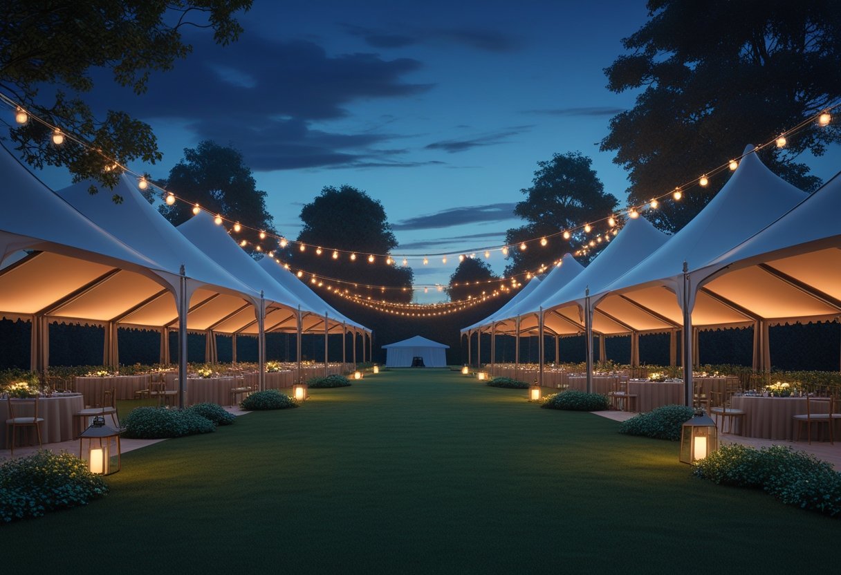 An outdoor event setup with large tents illuminated by warm string lights and lanterns on a green lawn at dusk.